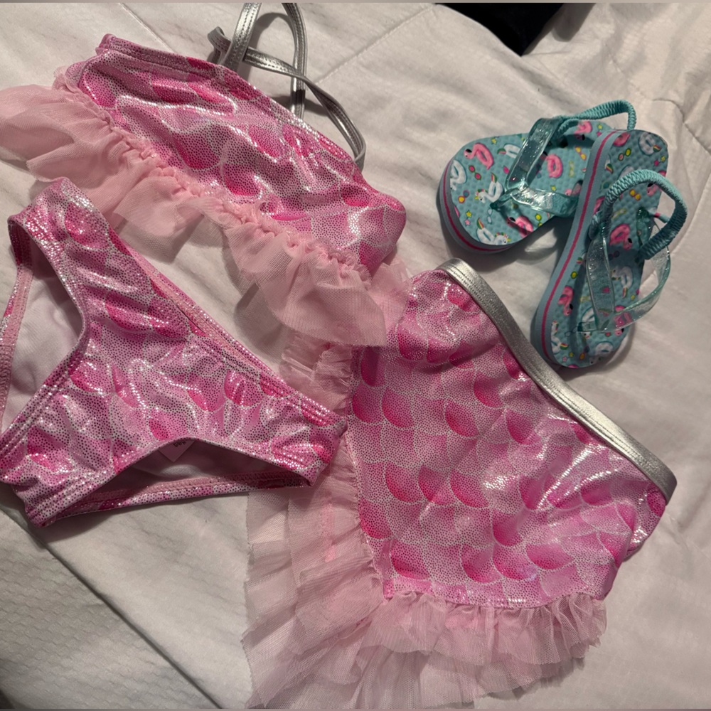 Wonder Nation Pink Mermaid Bathing Suite with Silver Accents